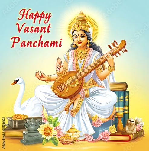 Vasant Panchami with the goddess Saraswati playing veena,and text Happy Vasant Panchami photo