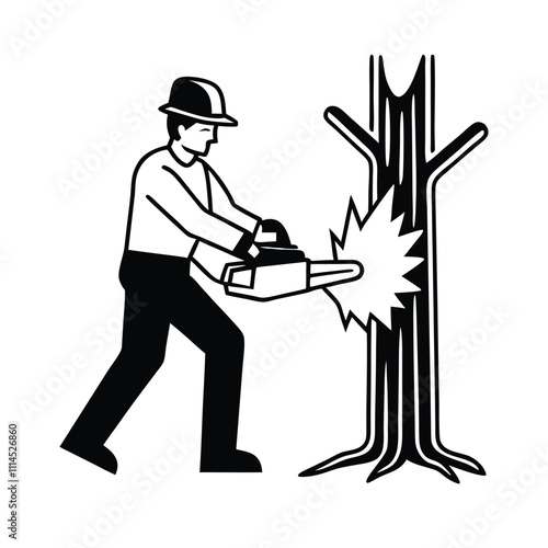 a black and white illustration of a man using a chainsaw to cut down a tree