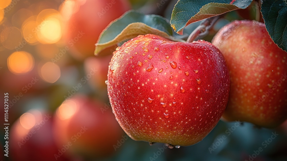 Obraz premium Fresh apples glistening with dew on a branch.
