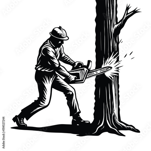 a black and white illustration of a man using a chainsaw to cut down a tree