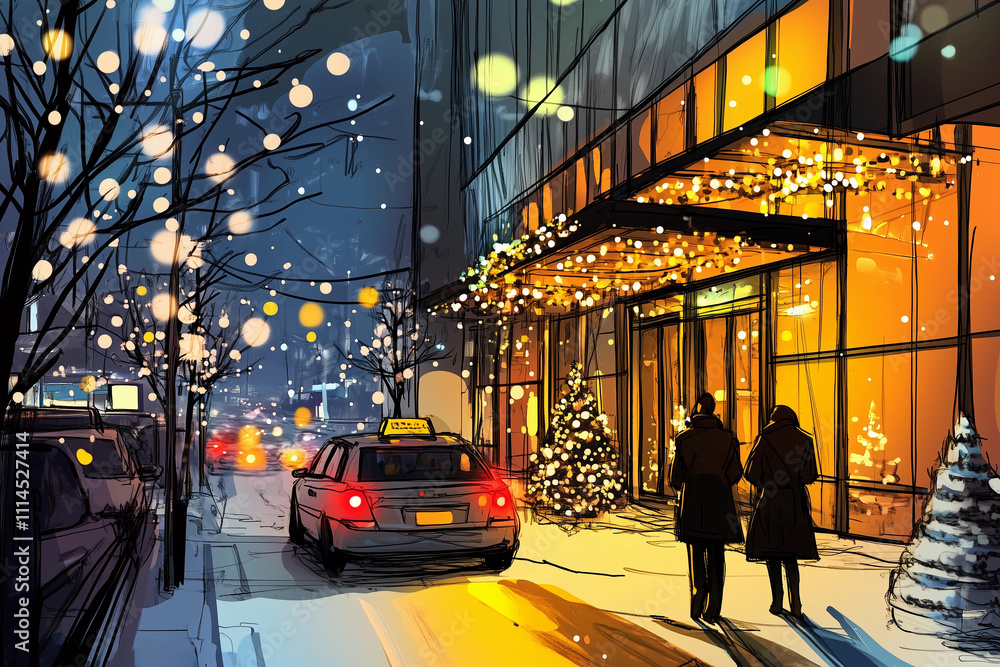 Naklejka premium hand-drawing style greeting card winter night city in festive winter decor light decorations for christmas ,passengers and taxi on the street