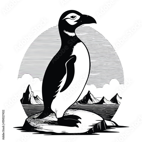 a black and white illustration of a penguin standing on a rock