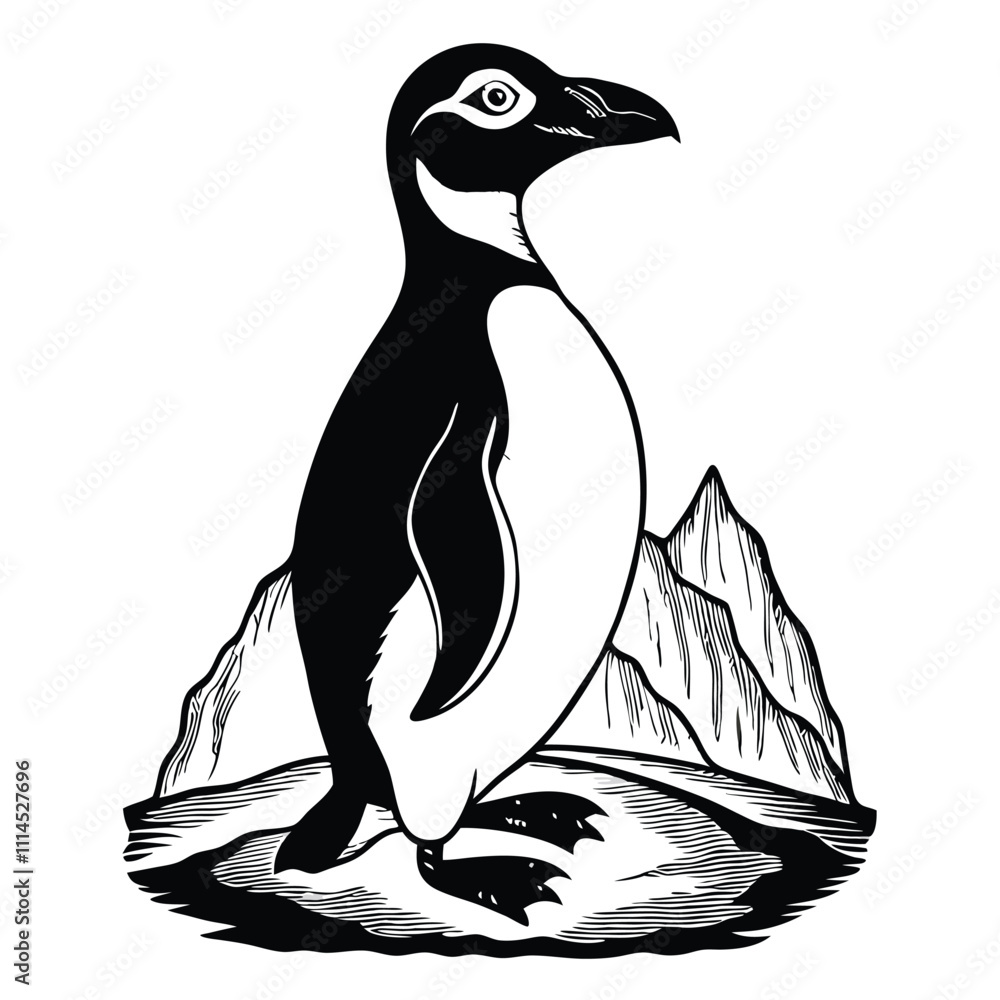 Obraz premium a black and white illustration of a penguin standing on a rock