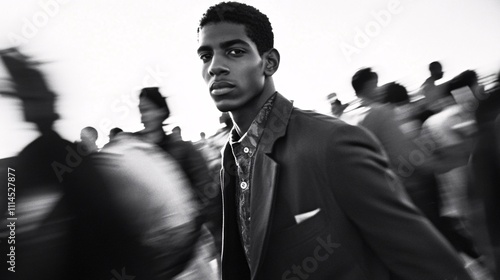 A black and white photograph of an wealthy man walking through crowd, blurred motion,