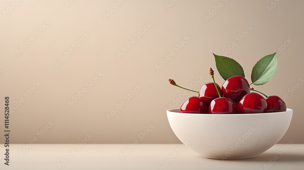 Fresh Cherries in Ceramic Bowl on Beige Background Fresh Cherries in Ceramic Bowl on Beige Background