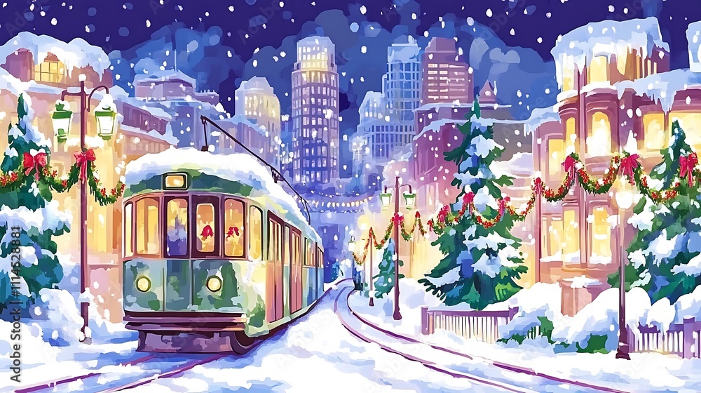 Obraz premium Snowy Cityscape Christmas Tram Ride Winter Scene