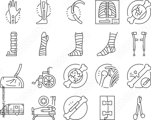 fracture injury bone break icons set vector. trauma healing, cast pain, recovery splint, orthopedic x ray, dislocation fracture injury bone break black contour illustrations