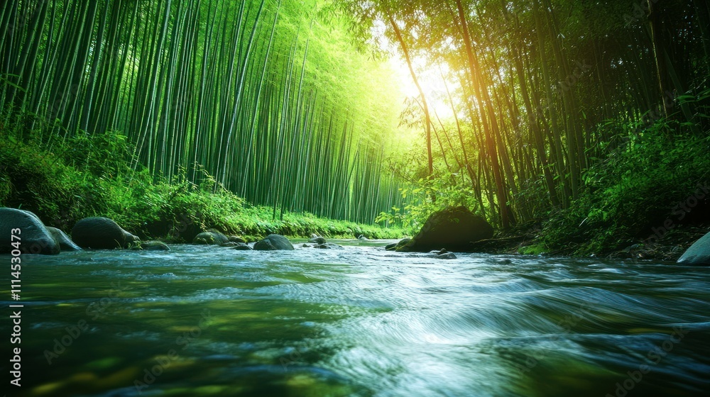 Fototapeta premium The river flows through a lush and cool green bamboo forest, background wallpaper AI generated image