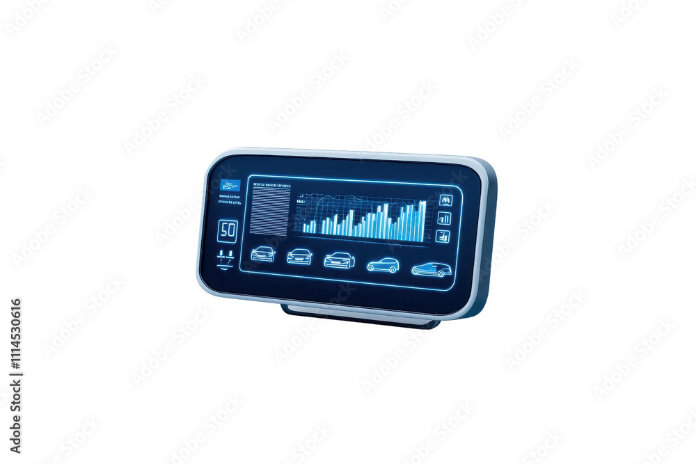 Fototapeta premium A sleek digital display panel showing various metrics and graphical data, designed for automotive or technological applications.