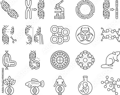 genetic engineering crispr genome icons set vector. dna editing, biotechnology genes, mutation cloning, transgenic bioinformatics genetic engineering crispr genome black contour illustrations