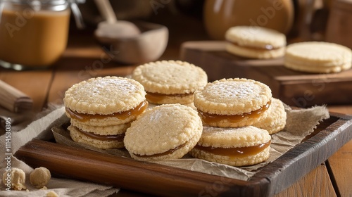  Alfajores with dulce de leche on rustic wooden tray