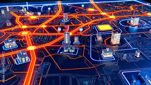 Futuristic Digital City Map with Neon Highlights and Smart Infrastructure

 photo