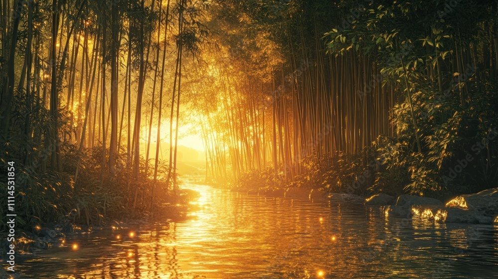 Obraz premium The golden sunset casts a warm glow through the dense bamboo forest, with sparkling rivers, background wallpaper AI generated image