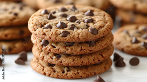 Delicious chocolate chip cookies stacked high, showcasing their soft texture and rich chocolate flavor, perfect for dessert lovers