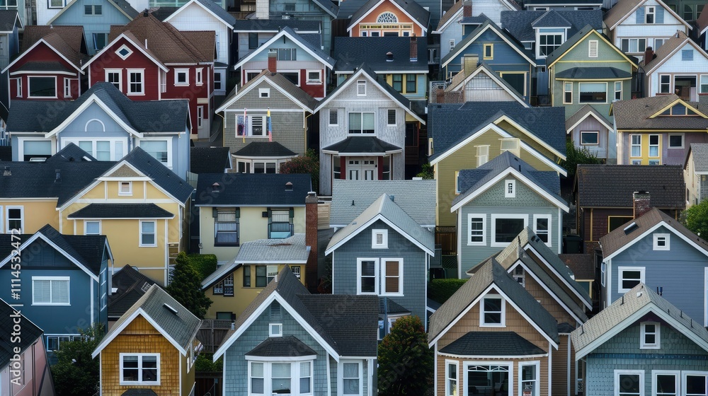 A sea of houses with unique architectural styles illustrating residential areas A sea of houses with unique architectural styles illustrating residential areas