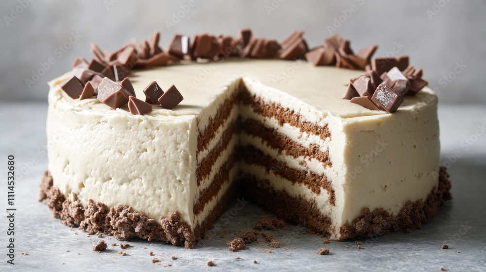 Delicious chocolate cream cake with layers of chocolate and creamy frosting, topped with chocolate pieces, perfect for dessert lovers