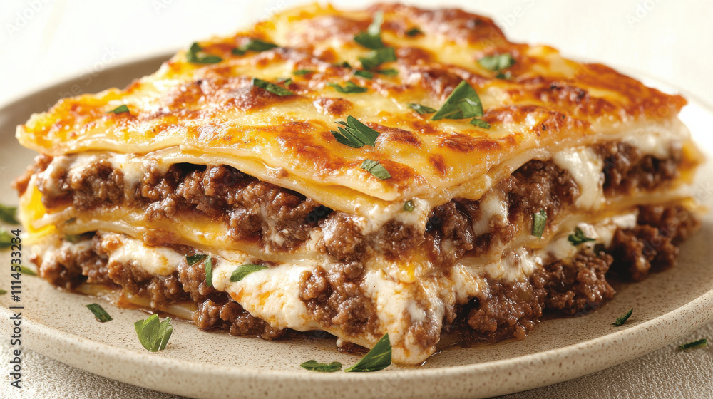 Delicious classic lasagne piece on plate, featuring layers of pasta, meat, and cheese, garnished with fresh herbs for mouthwatering presentation Delicious classic lasagne piece on plate, featuring layers of pasta, meat, and cheese, garnished with fresh herbs for mouthwatering presentation