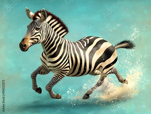 Powerful Zebra Charging Across a Lush Turquoise Meadow with Determined Stride Defined Lean Muscular Body photo