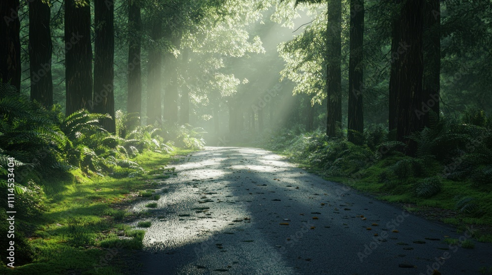 Obraz premium A quiet asphalt road that passes through a calm green forest, sunlight filtering through the trees, background wallpaper AI generated image