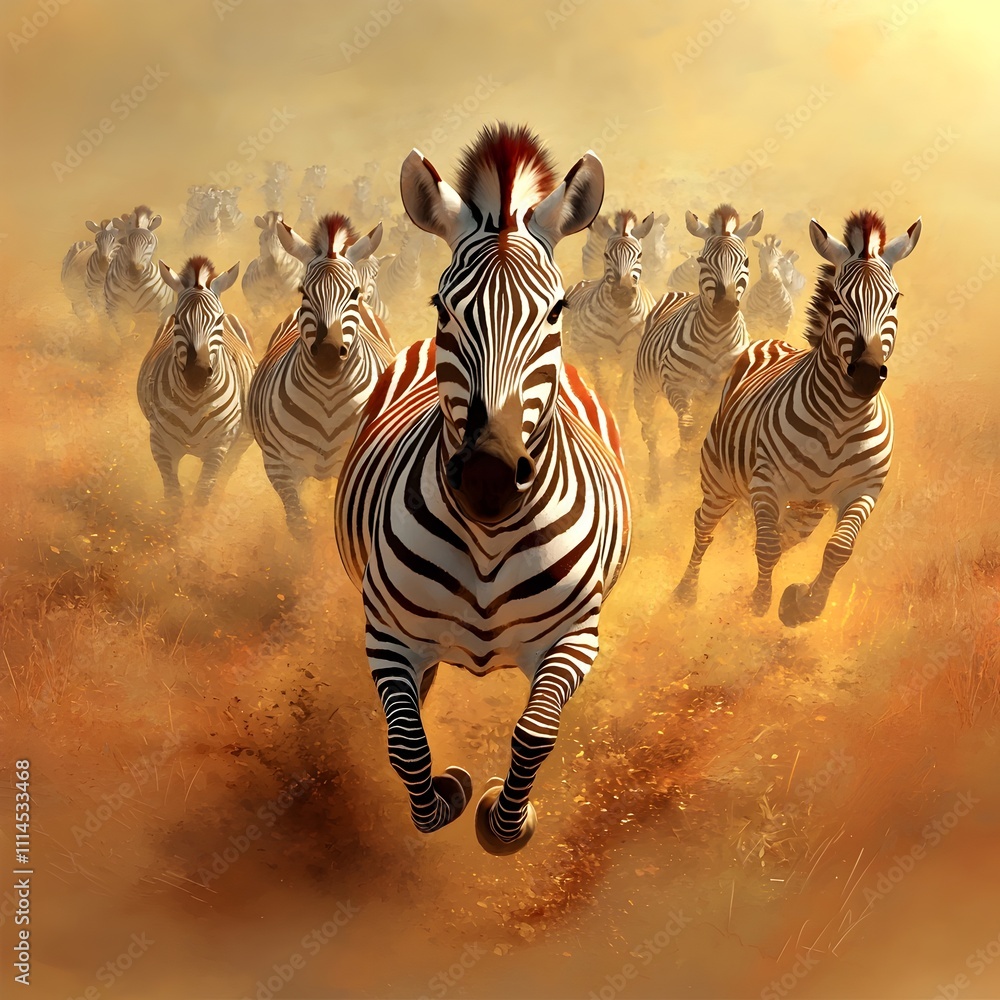 Fototapeta premium Thundering herd of powerful sleek striped zebras galloping through the sweeping ochre grasslands of the African savanna their limbs propelling them forward with tremendous energy and momentum