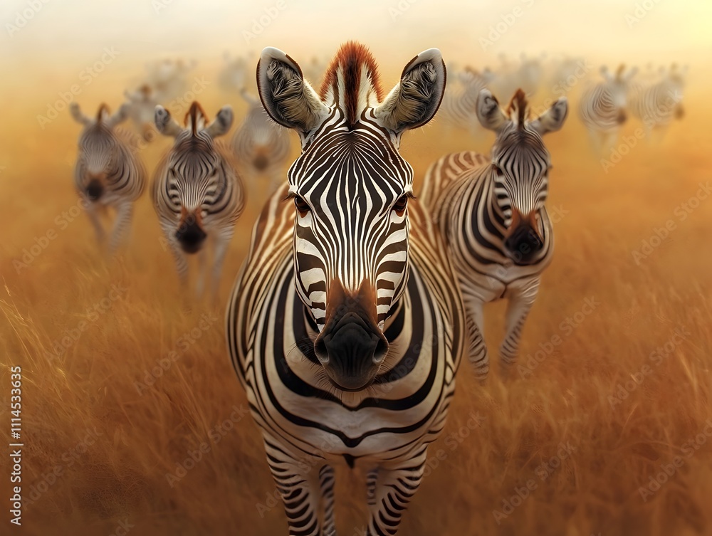 Naklejka premium Majestic herd of zebras roaming through a sun drenched Serengeti savanna their stripes casting mesmerizing shadows on the lush golden grass during the golden hour