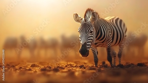 Majestic herd of zebras grazing peacefully in the golden savanna their distinct black and white striped coats glistening under the warm sunlight