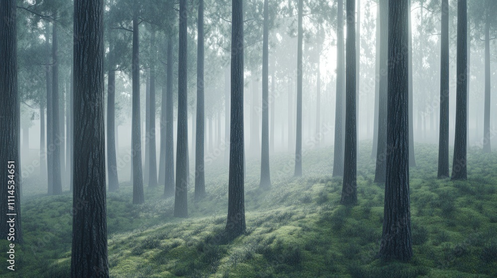 Fototapeta premium A misty pine forest where the entire ground is covered with a thick layer of green moss, background wallpaper AI generated image