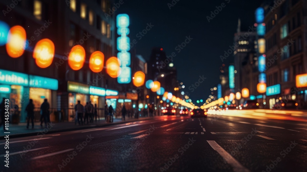 Blurred city street at night with colorful lights and moving cars. Blurred city street at night with colorful lights and moving cars.