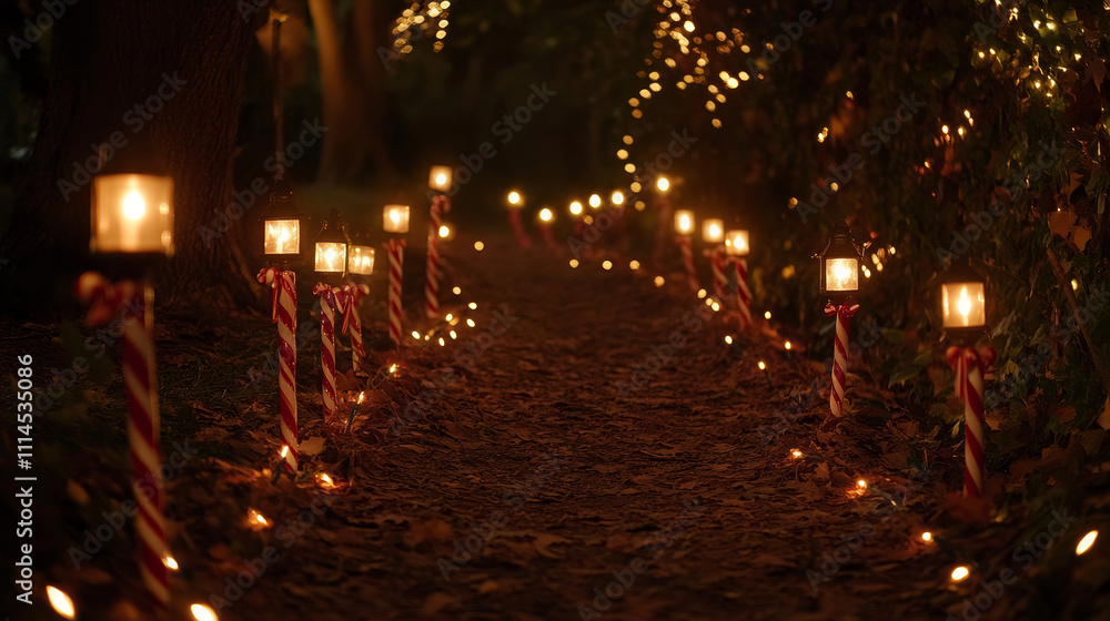 Fototapeta premium Lined with lighted candy canes or lanterns, guiding footsteps with their gentle glow.