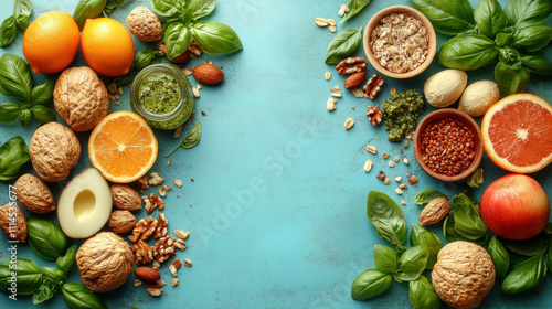 Wallpaper Mural vibrant flat lay of fresh ingredients including nuts, fruits, and basil, perfect for healthy cooking. Enjoy colorful arrangement! Torontodigital.ca