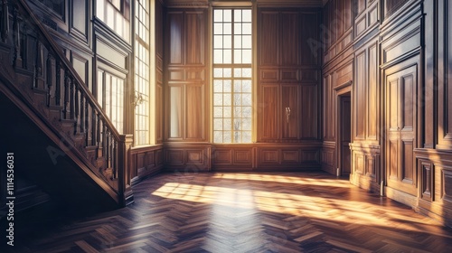 Wallpaper Mural Sunlit grand room with wood paneling, staircase, and hardwood floors. Torontodigital.ca