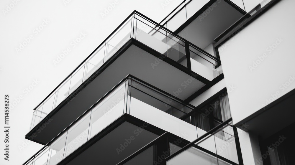 Fototapeta premium Close up of a contemporary apartment building set against a bright blue sky on a sunny day.