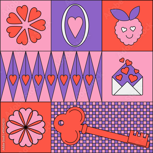 Valentines day. Playful Colorful Square composition with Hearts. 14 February. Retro Groovy Funny vibe. Simple shapes. Vibrant Background,Red and pink love. Magic Design elements. Geometric aesthetics