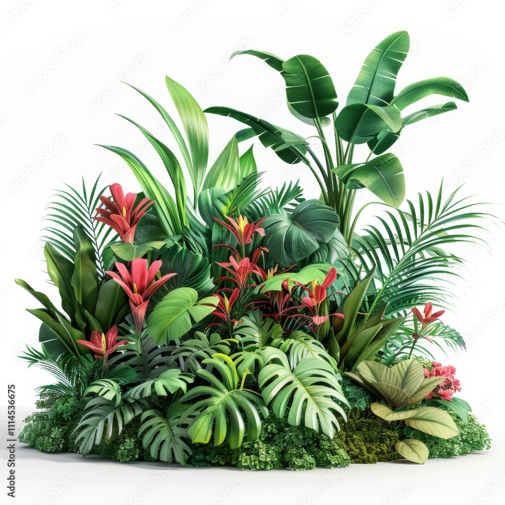 Obraz premium Tropical plant of lush foliage and flowers. Tropic plant vegetation featuring diverse mix of green leaves and vibrant flower