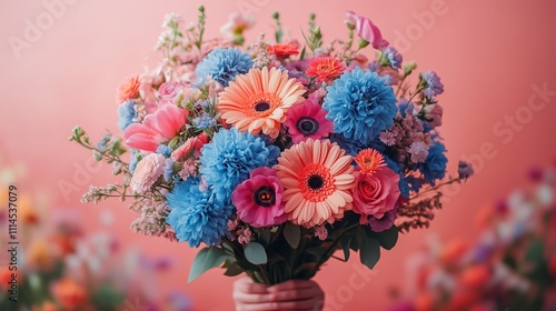 Wallpaper Mural Vibrant floral bouquet with blue dahlias and pink gerberas against soft background Torontodigital.ca