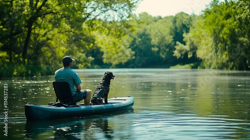 Man and his dog enjoy a peaceful afternoon kayaking on a serene river
