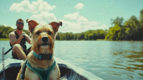 Man and his dog enjoy a peaceful afternoon kayaking on a serene river