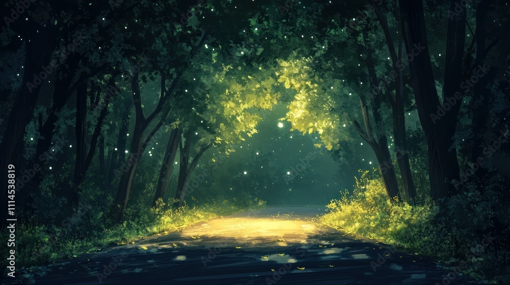 Obraz premium A dark asphalt road in the forest, lit by soft moonlight filtering through the tree canopy, background wallpaper AI generated image