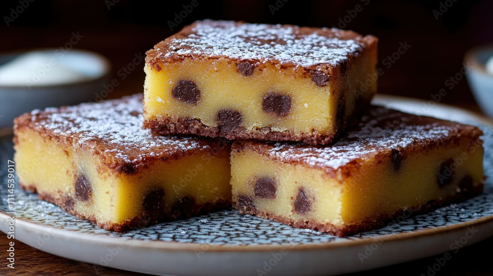 Delicious homemade chocolate chip blondies stacked on decorative plate, showcasing golden brown crust and rich chocolate chips. Perfect for dessert lovers!