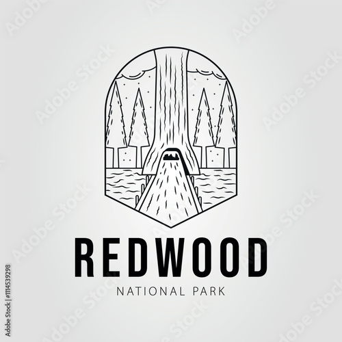 redwood national park line art badge logo vector illustration design.  chandelier tree symbol