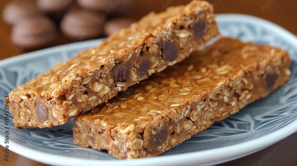 Homemade granola bars with chocolate chips on blue plate, perfect for healthy snack. Enjoy chewy texture and delicious flavor! Homemade granola bars with chocolate chips on blue plate, perfect for healthy snack. Enjoy chewy texture and delicious flavor!