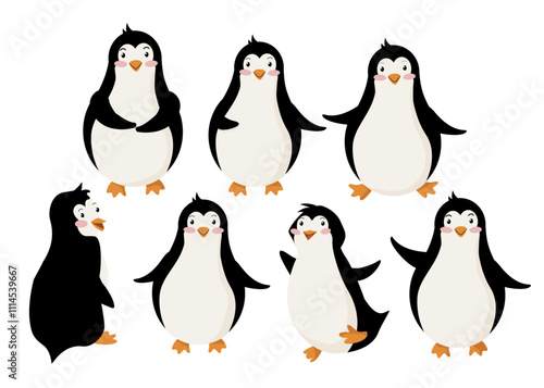 Set of funny penguins. Character with different emotions. For greeting stickers, calendars, Christmas cards. Decorations for children's parties.