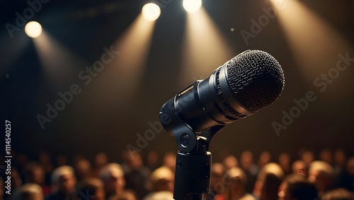 Spot lights and a microphone for a singer's music background. Idea Using a microphone, public speaking on stage. Generation AI