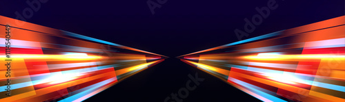Panoramic high speed technology concept, light abstract background. Image of speed motion on the road. Abstract background in blue and purple neon glow colors.