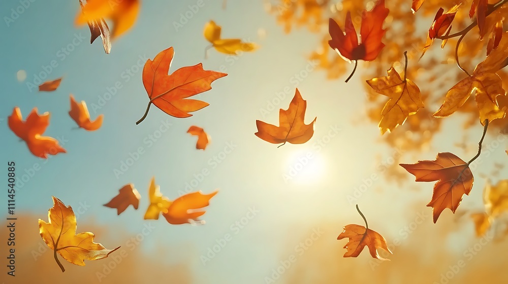 Fototapeta premium Autumn Leaves Falling Gently In Sunlight