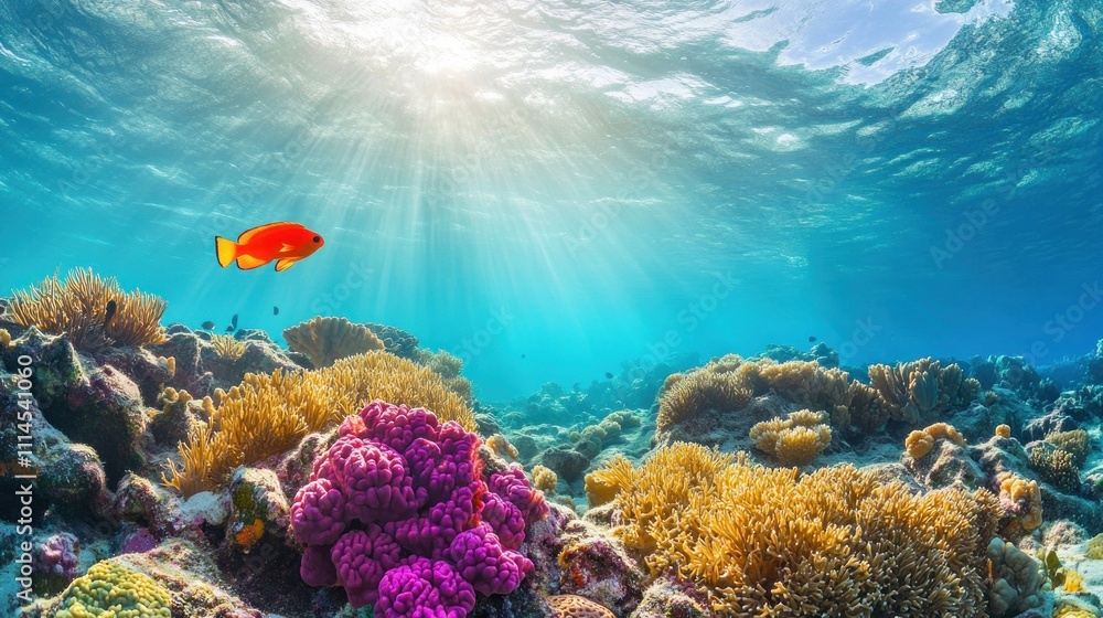 Fototapeta premium Sunbeams Illuminating Underwater Coral Reef