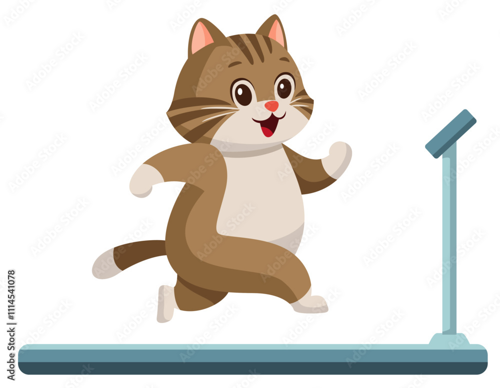 Fototapeta premium ルームランナーで走るちょっと太った猫のイラスト（笑顔）
