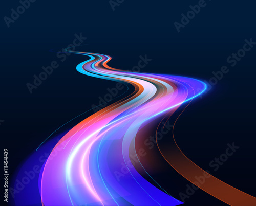 Image with the effect of high-speed movement on the road. Abstract fire flare trace lens flares. Expressway in long delay, with car lights at night on autobahn.	