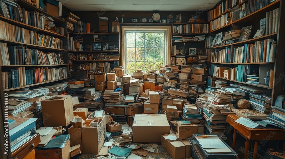 Obraz premium Chaotic library filled with books and boxes.