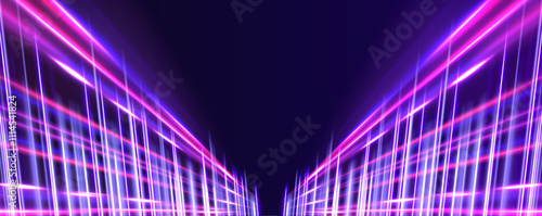 Panoramic high-speed technology concept with abstract light trails and glowing neon colors in blue,  representing the rapid motion and energy in a futuristic environment.